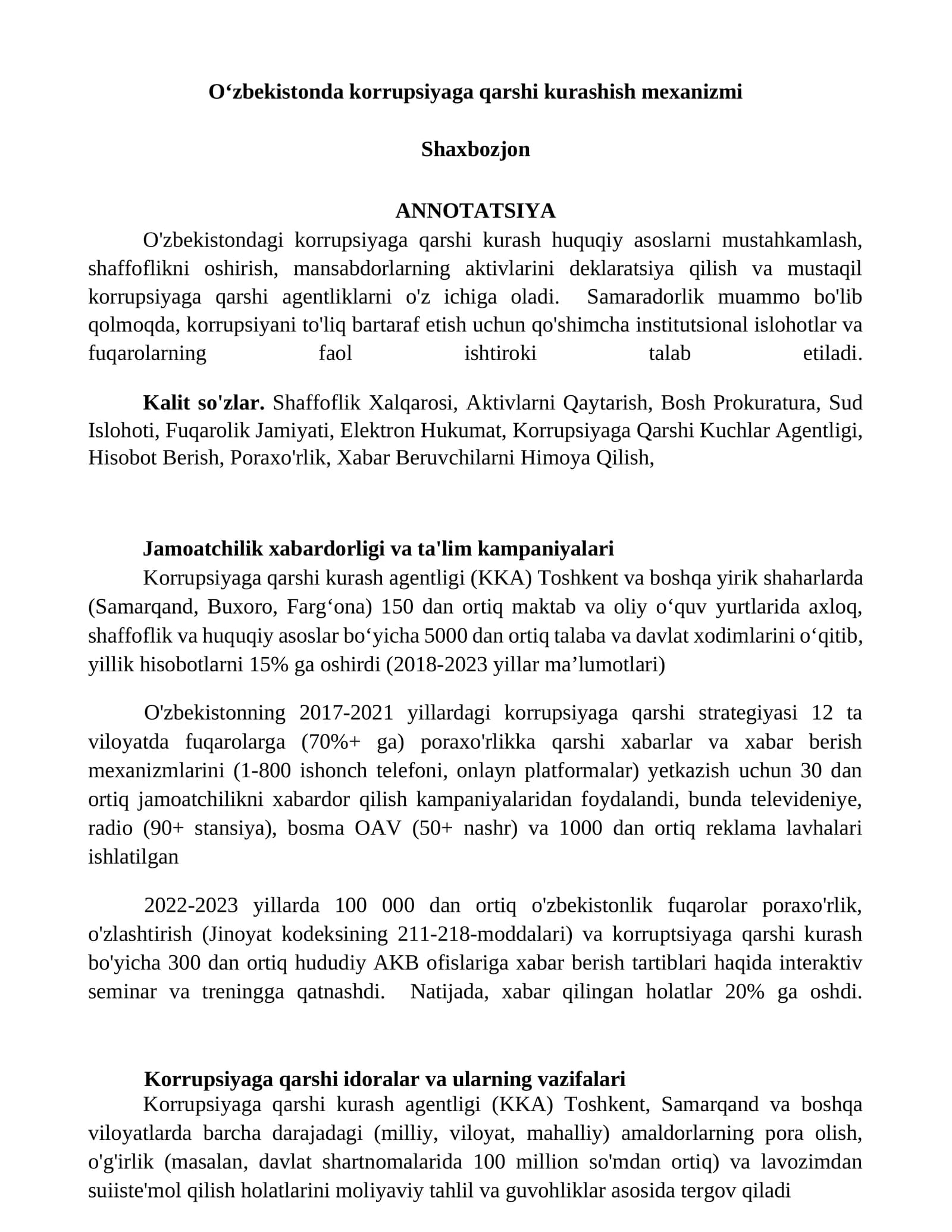 Korrupsiyaga qarshi kurashish mexanizmi