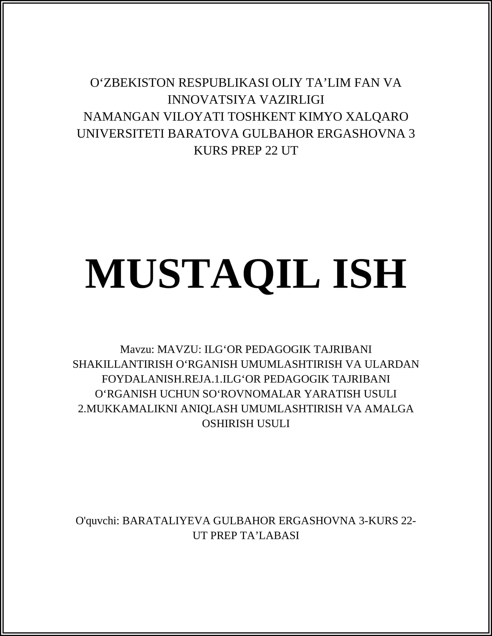 ILGʻOR PEDAGOGIK TAJRIBANI SHAKILLANTIRISH OʻRGANISH UMUMLASHTIRISH VA ULARDAN FOYDALANISH