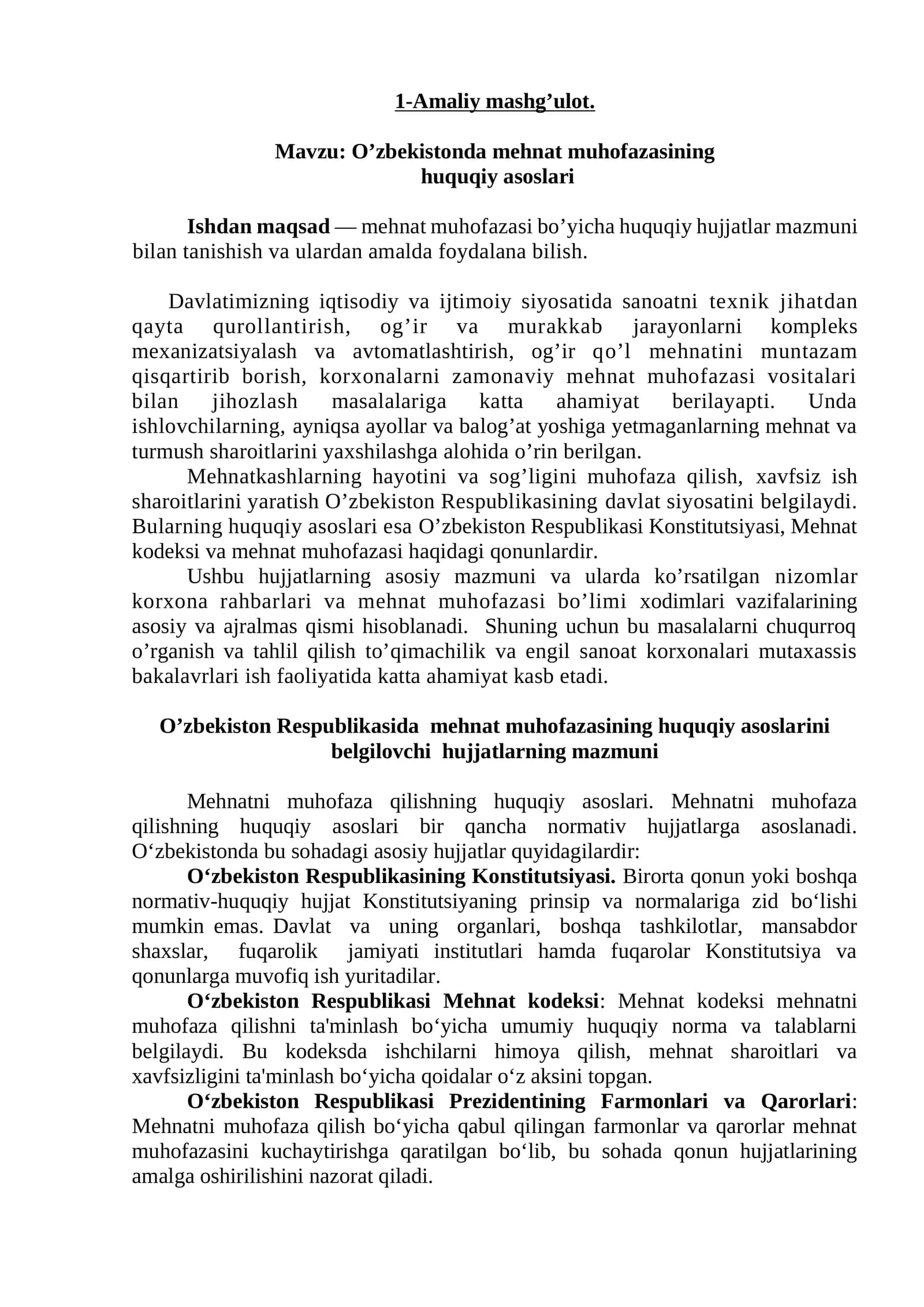 O’zbekistonda mehnat muhofazasining  huquqiy asoslari