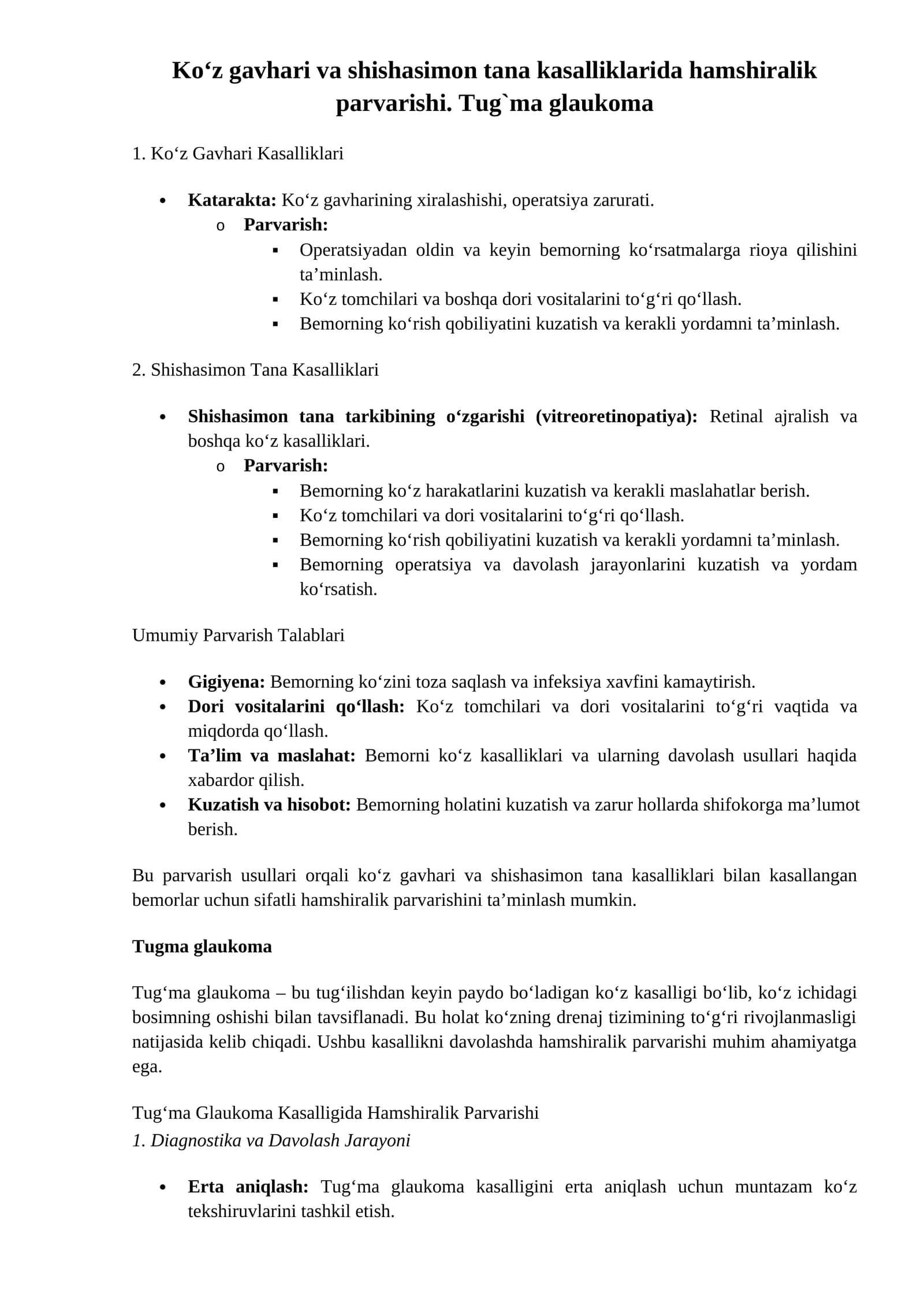 Ko‘z Gavhari va Shishasimon Tana Kasalliklari