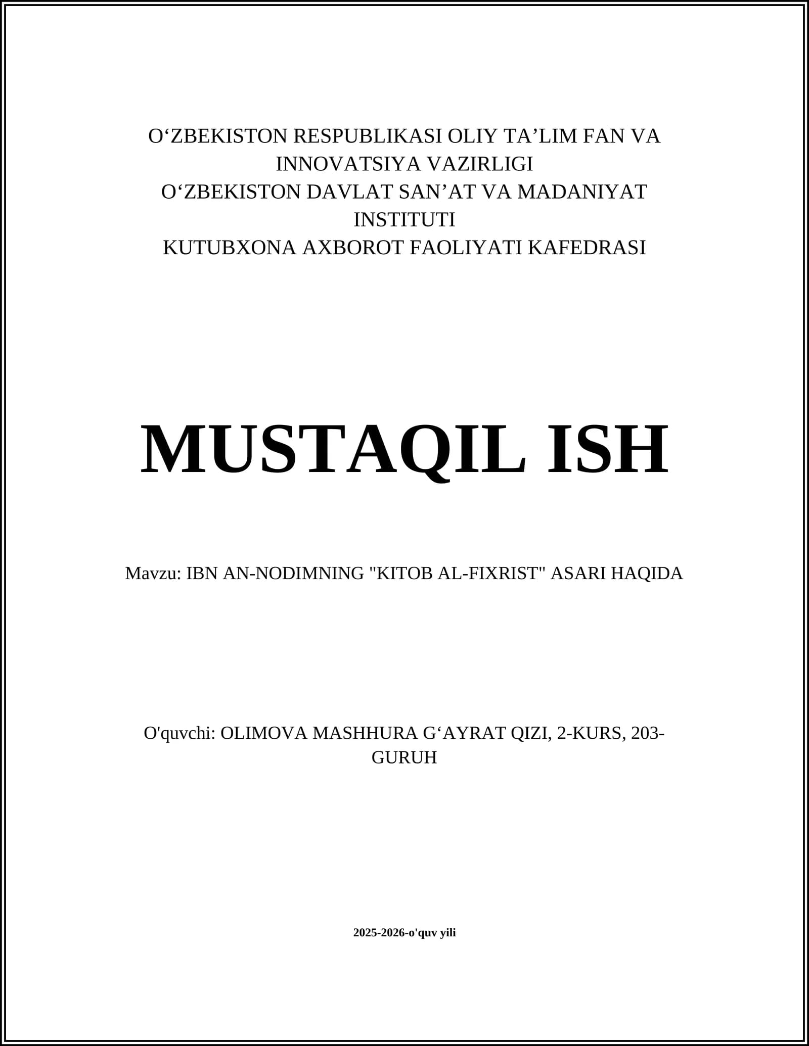 IBN AN-NODIMNING "KITOB AL-FIXRIST" ASARI HAQIDA