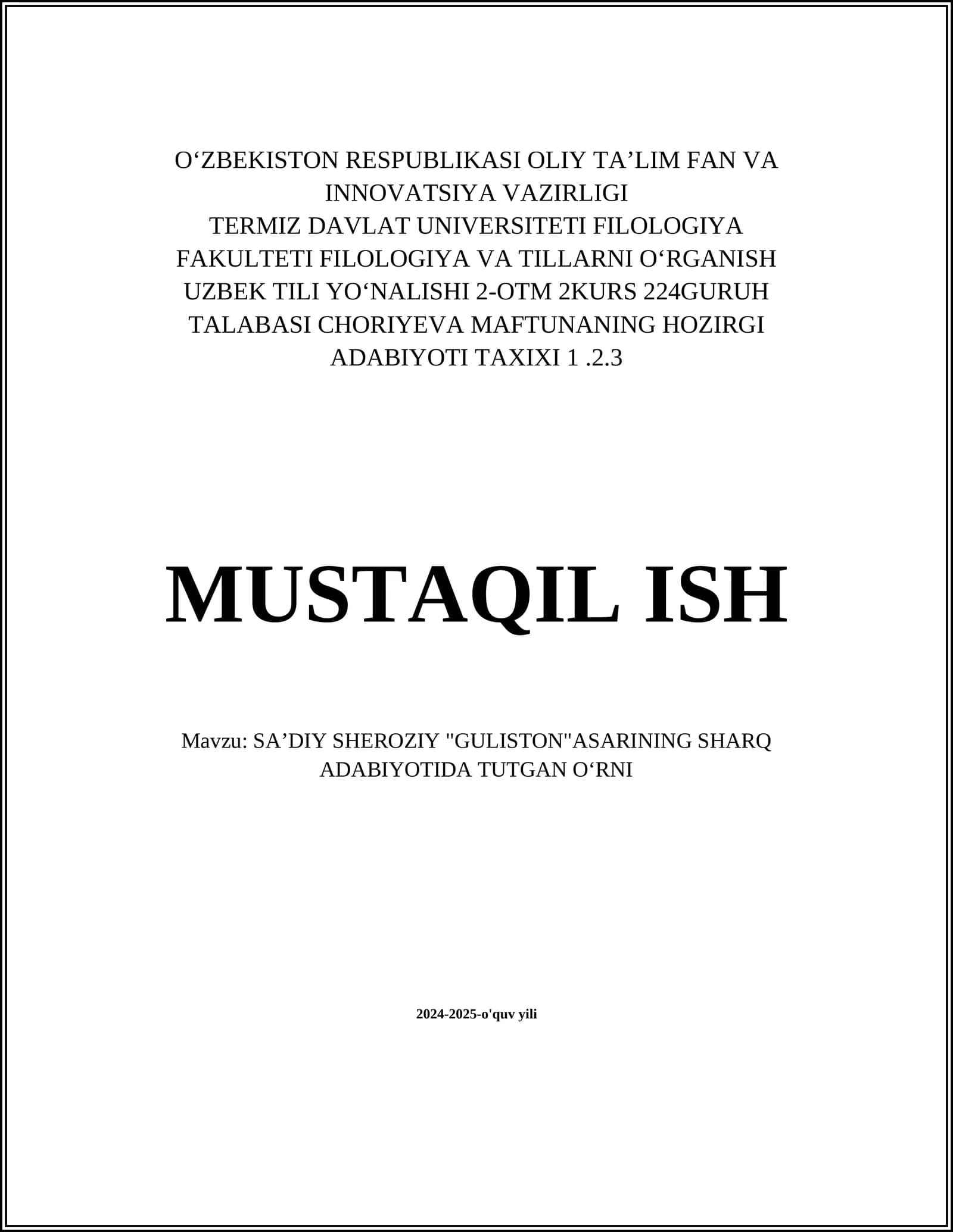 SAʼDIY SHEROZIY "GULISTON"ASARINING SHARQ ADABIYOTIDA TUTGAN OʻRNI