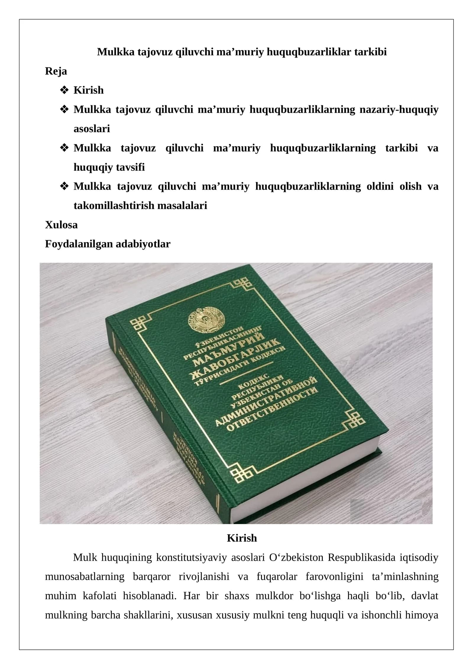 Mulkka tajovuz qiluvchi ma’muriy huquqbuzarliklar tarkibi