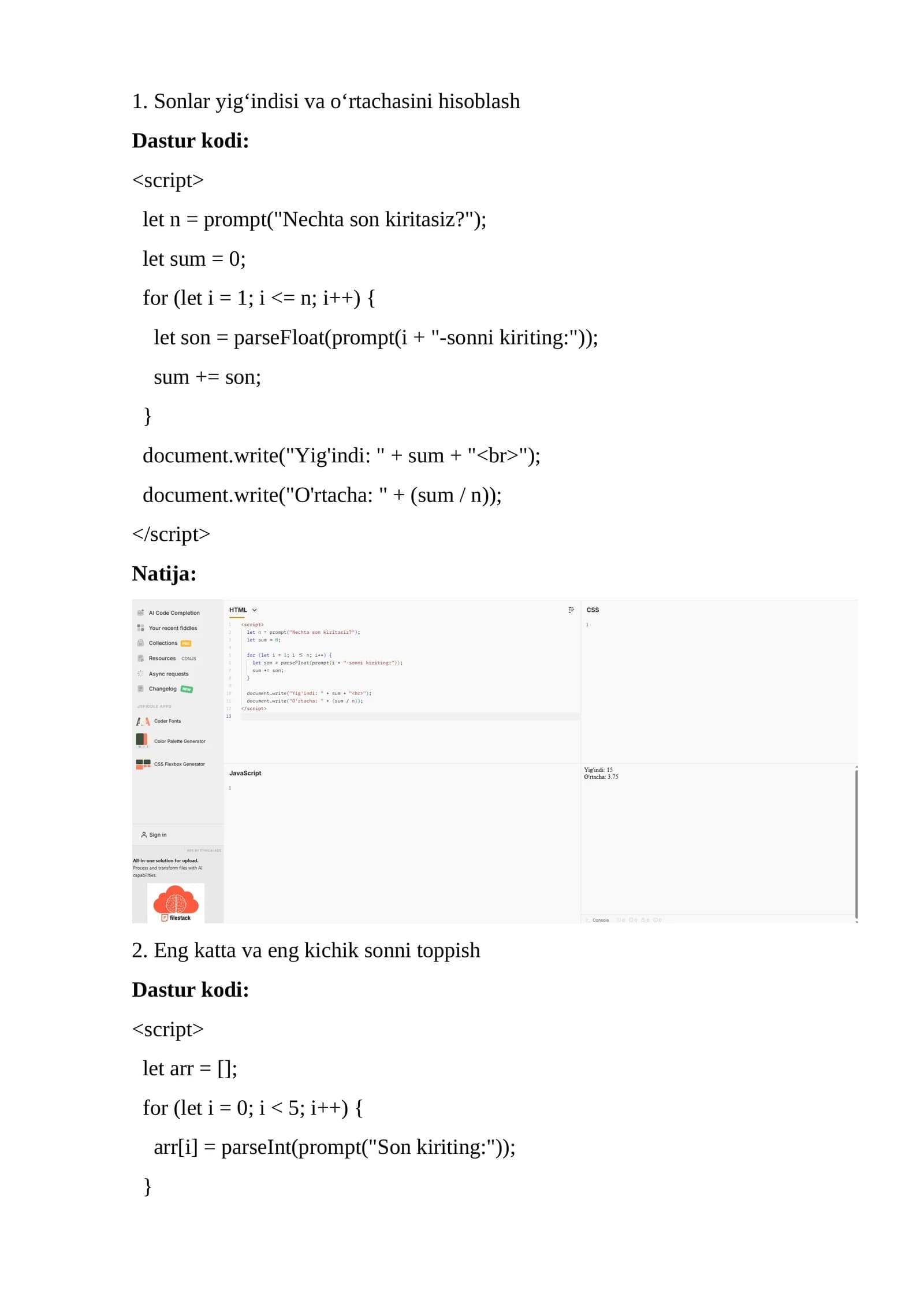 Mantiqiy elementlar masalalari javascript