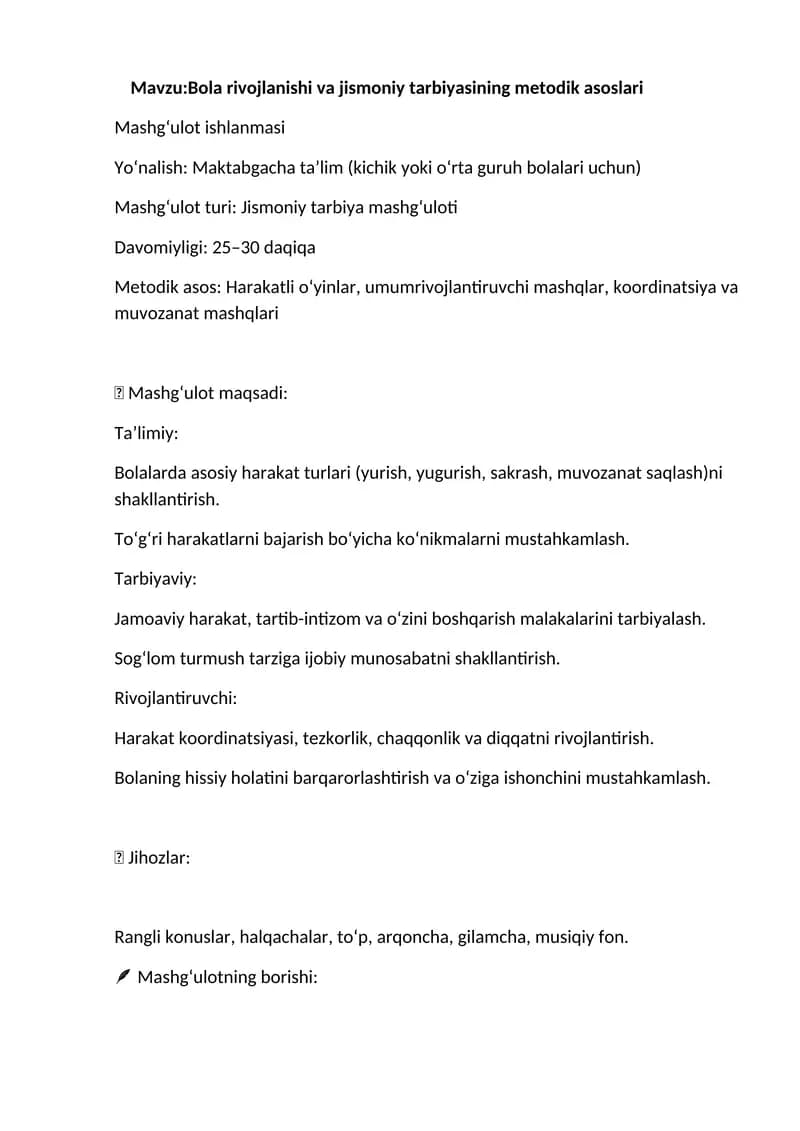 Bola rivojlanishi va jismoniy tarbiyasining metodik asoslari