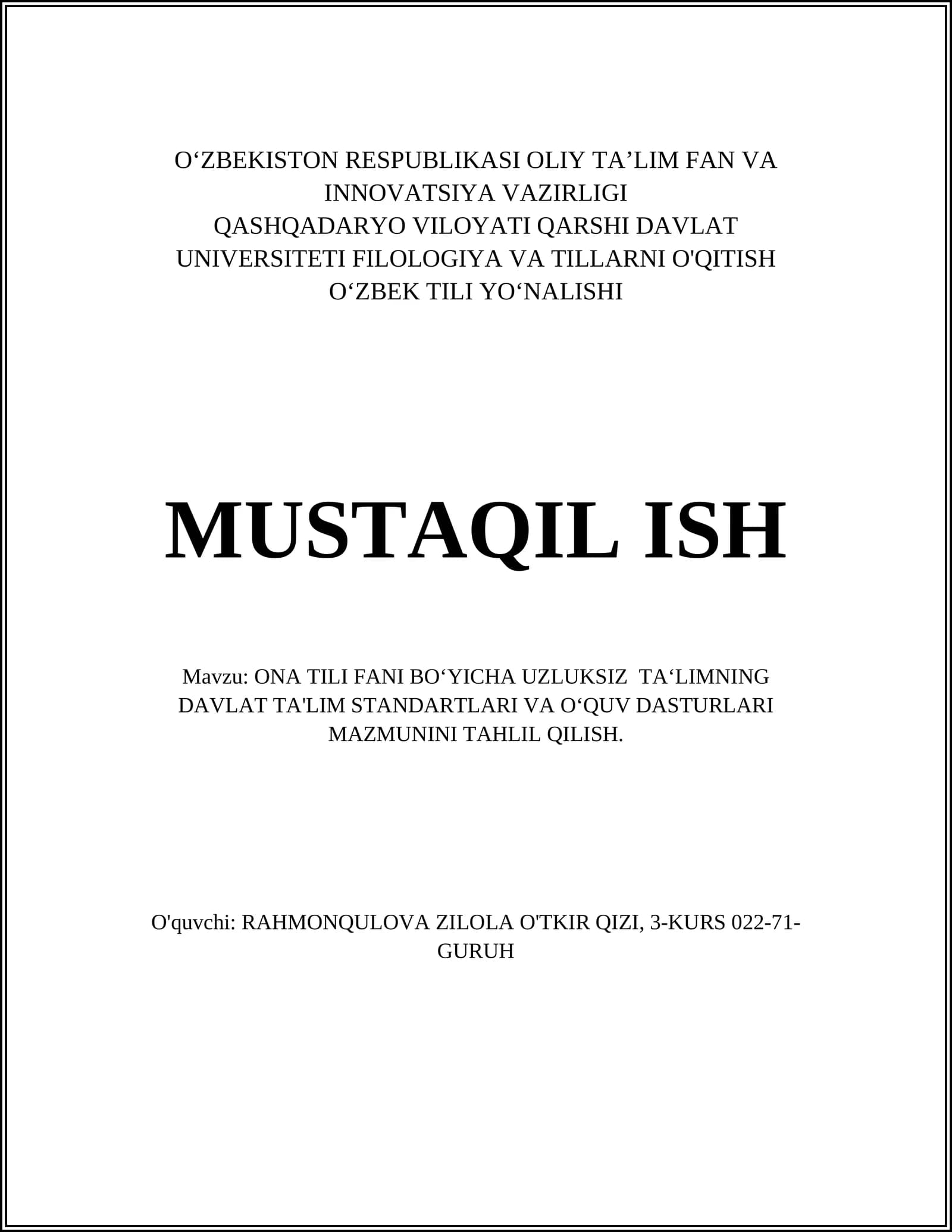 ONA TILI FANI BO‘YICHA UZLUKSIZ TA‘LIMNING DAVLAT TA'LIM STANDARTLARI VA O‘QUV DASTURLARI MAZMUNINI TAHLIL QILISH