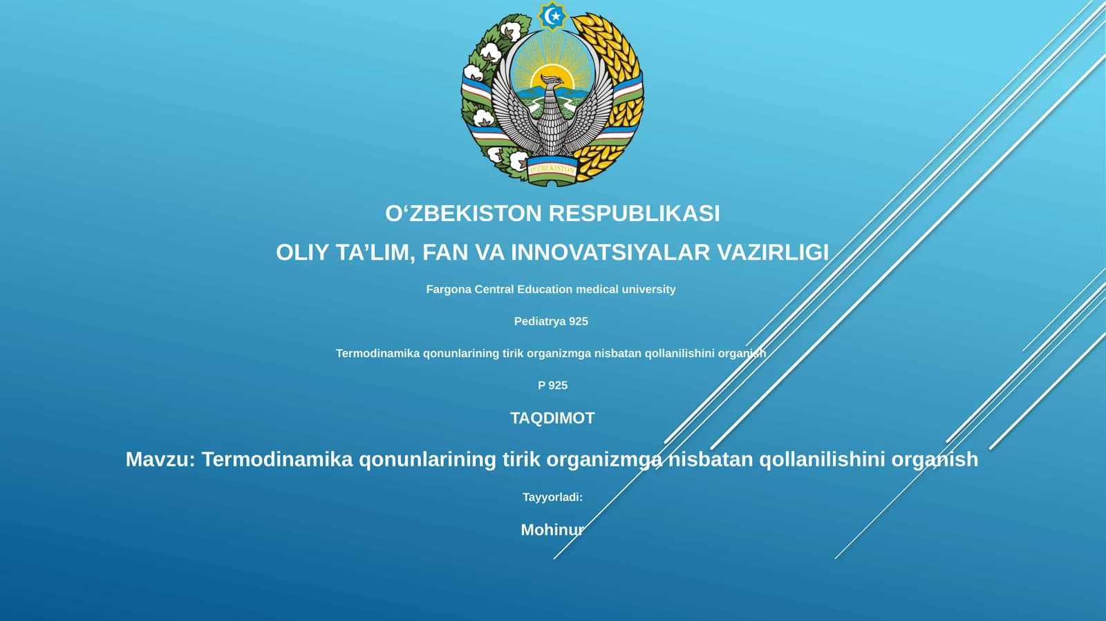 Termodinamika qonunlarining tirik organizmga nisbatan qollanilishini organish