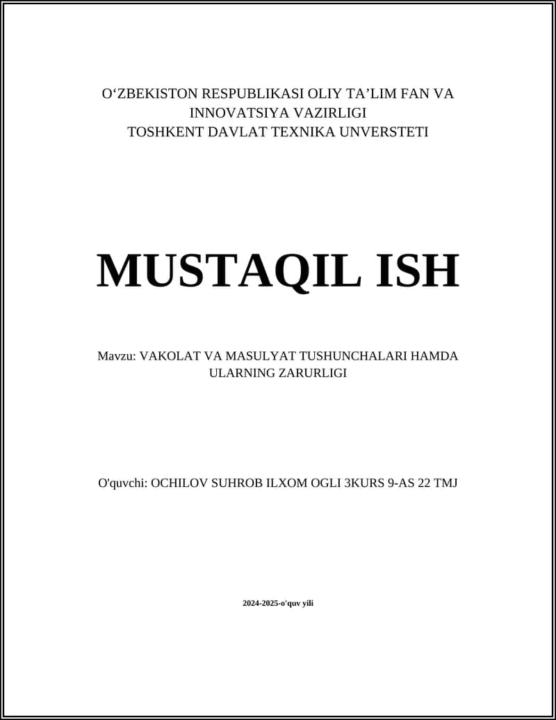 Vakolat va Masulyat Tushunchalari