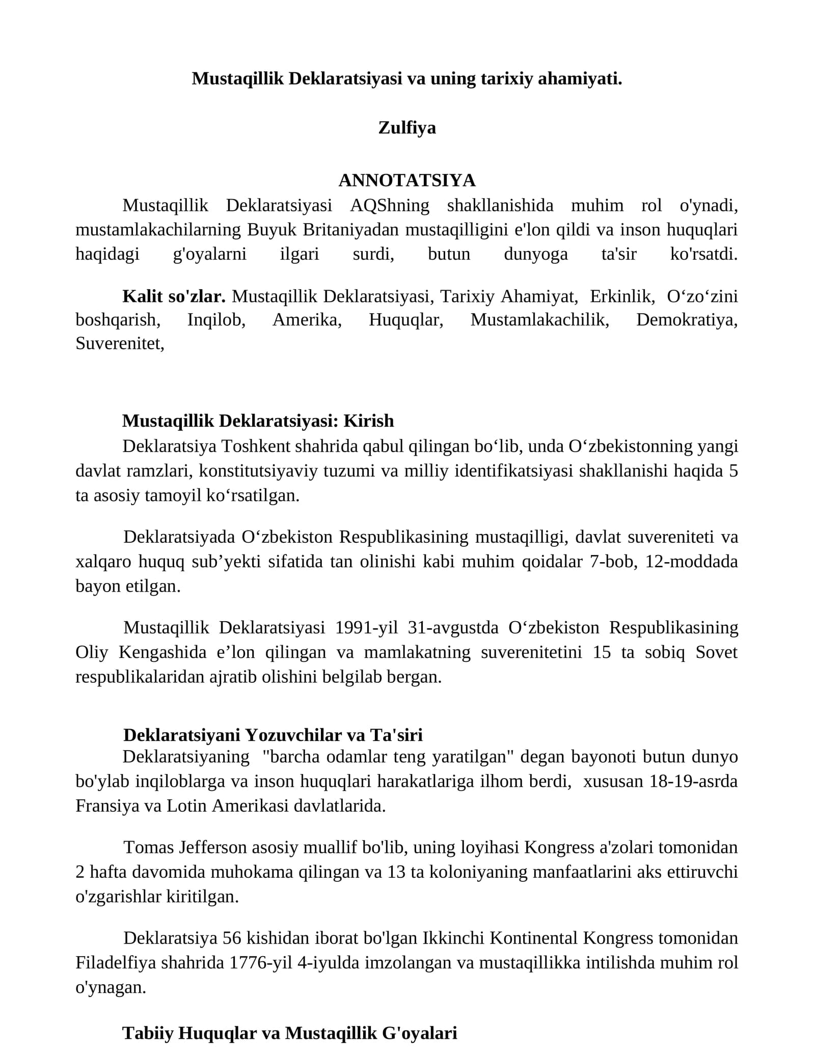 Mustaqillik Deklaratsiyasi va uning tarixiy ahamiyati