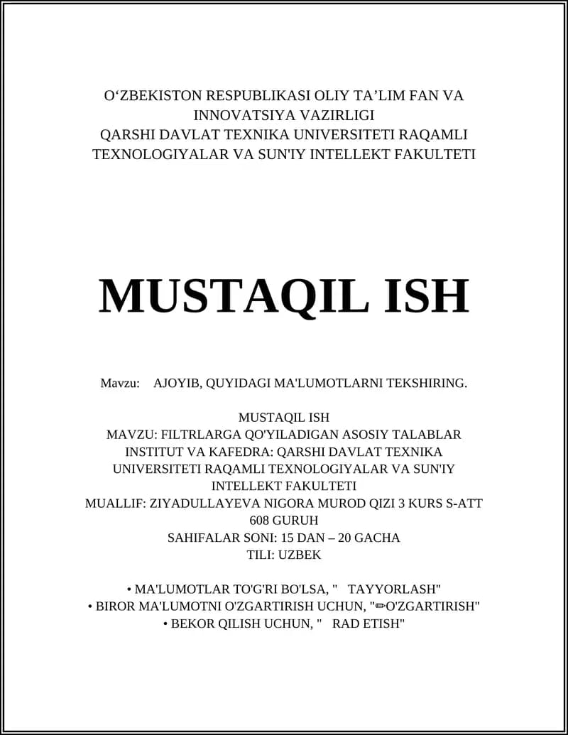 FILTRLARGA QO'YILADIGAN ASOSIY TALABLAR