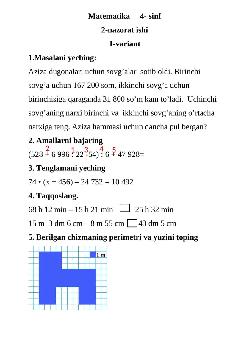 Matematika 4- sinf 2-nazorat ishi