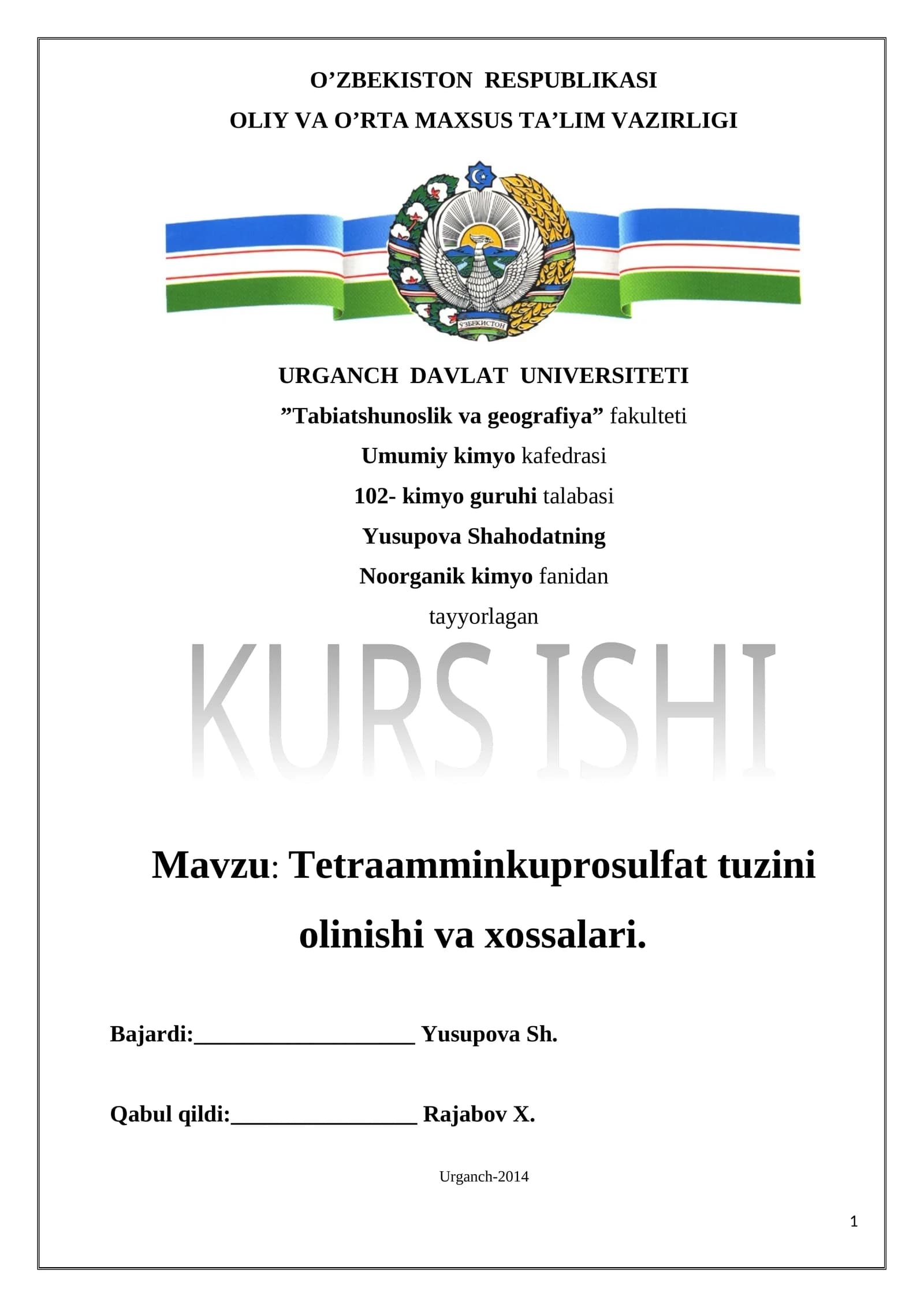 Tetraamminkuprosulfat tuzini olinishi va xossalari