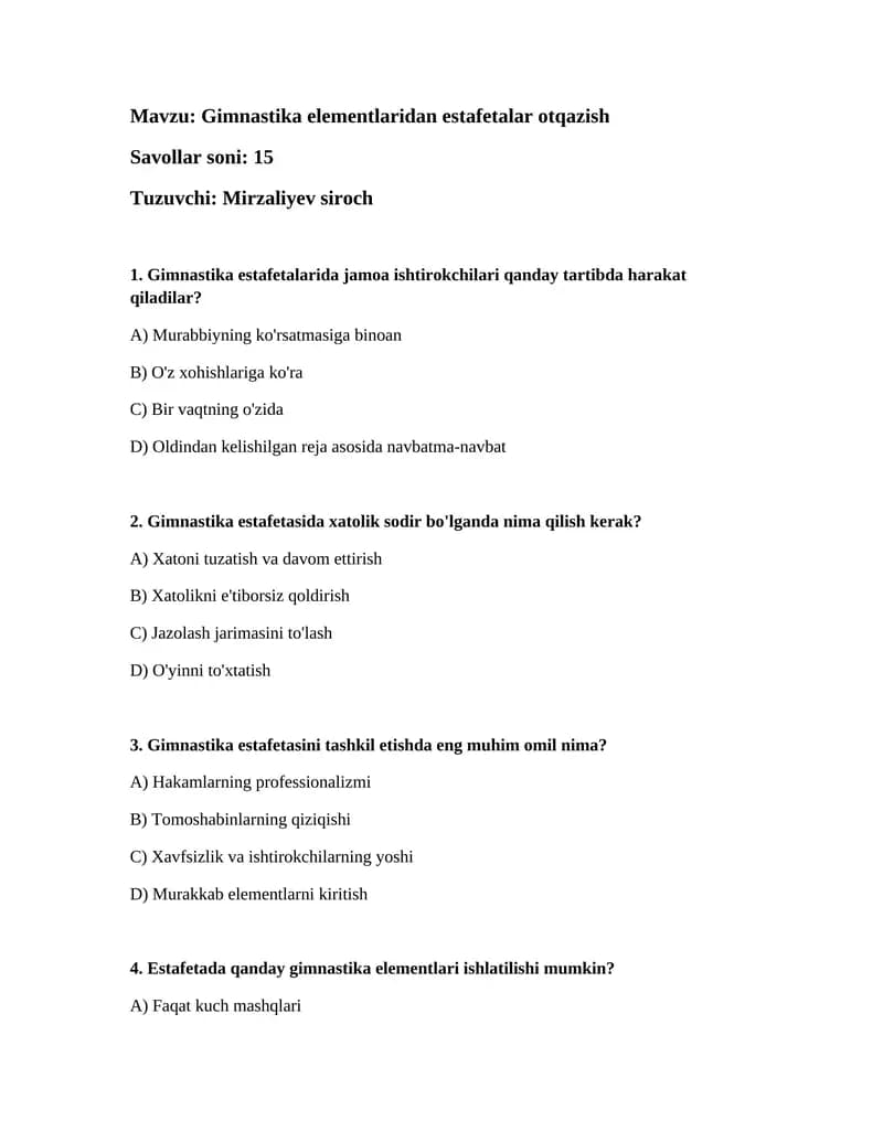 Gimnastika elementlaridan estafetalar otqazish