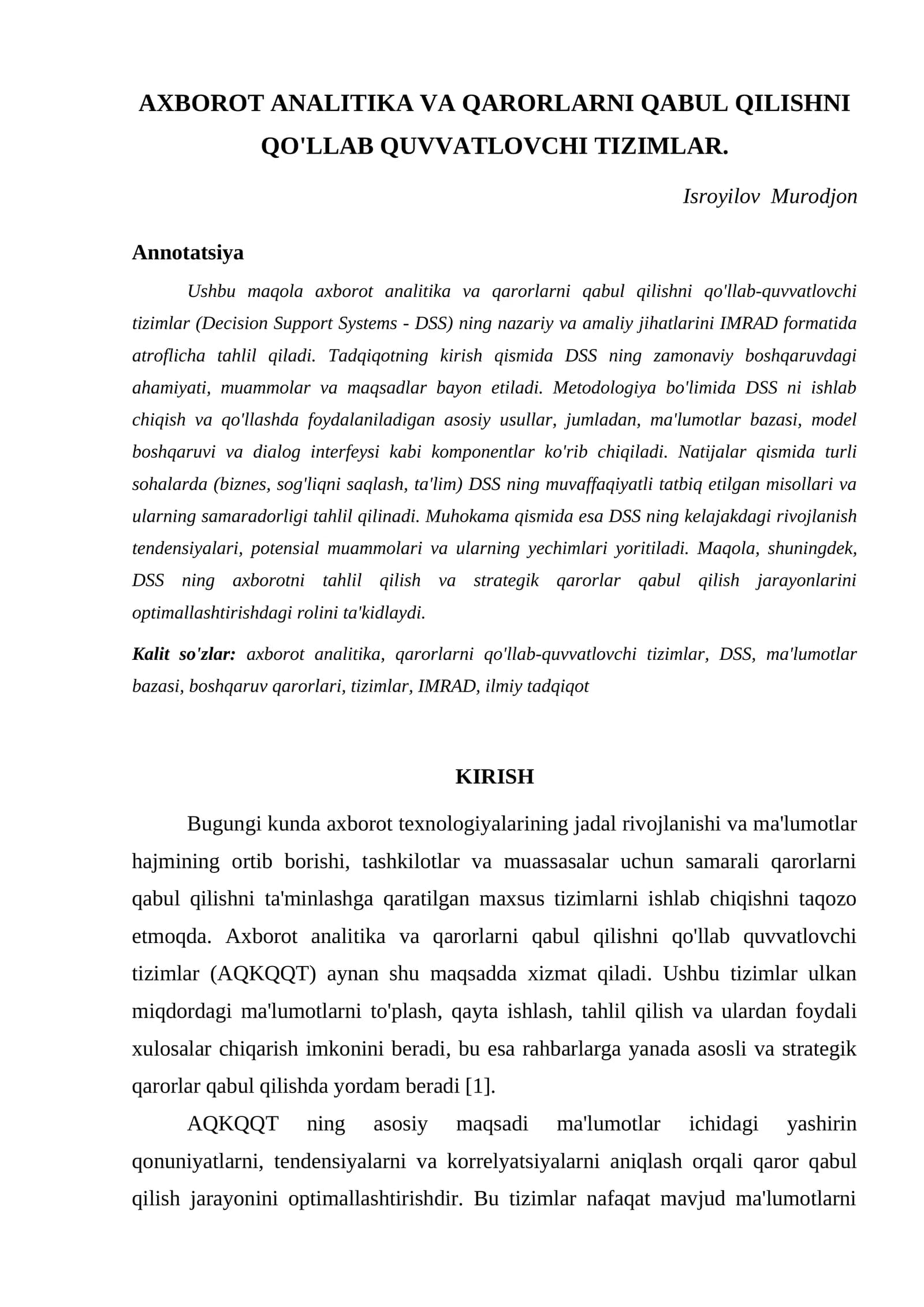 AXBOROT ANALITIKA VA QARORLARNI QABUL QILISHNI QO'LLAB QUVVATLOVCHI TIZIMLAR
