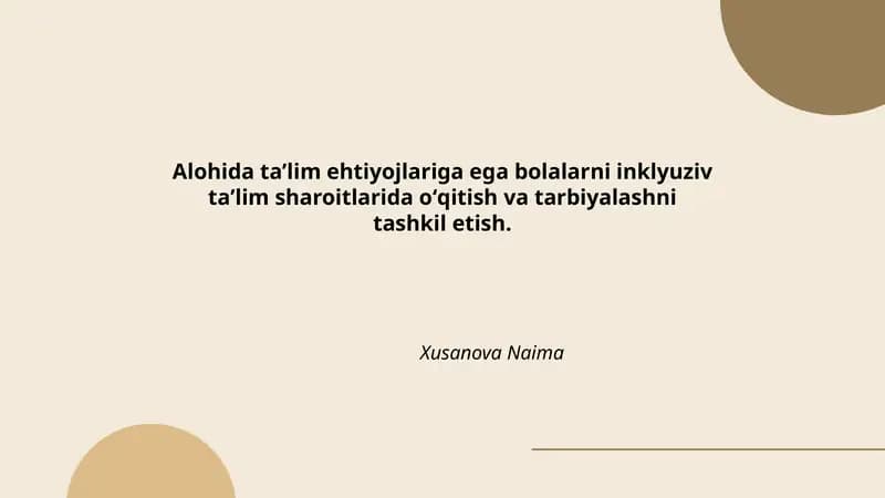 Alohida taʼlim ehtiyojlariga ega bolalarni inklyuziv taʼlim sharoitlarida oʻqitish va tarbiyalashni tashkil etish