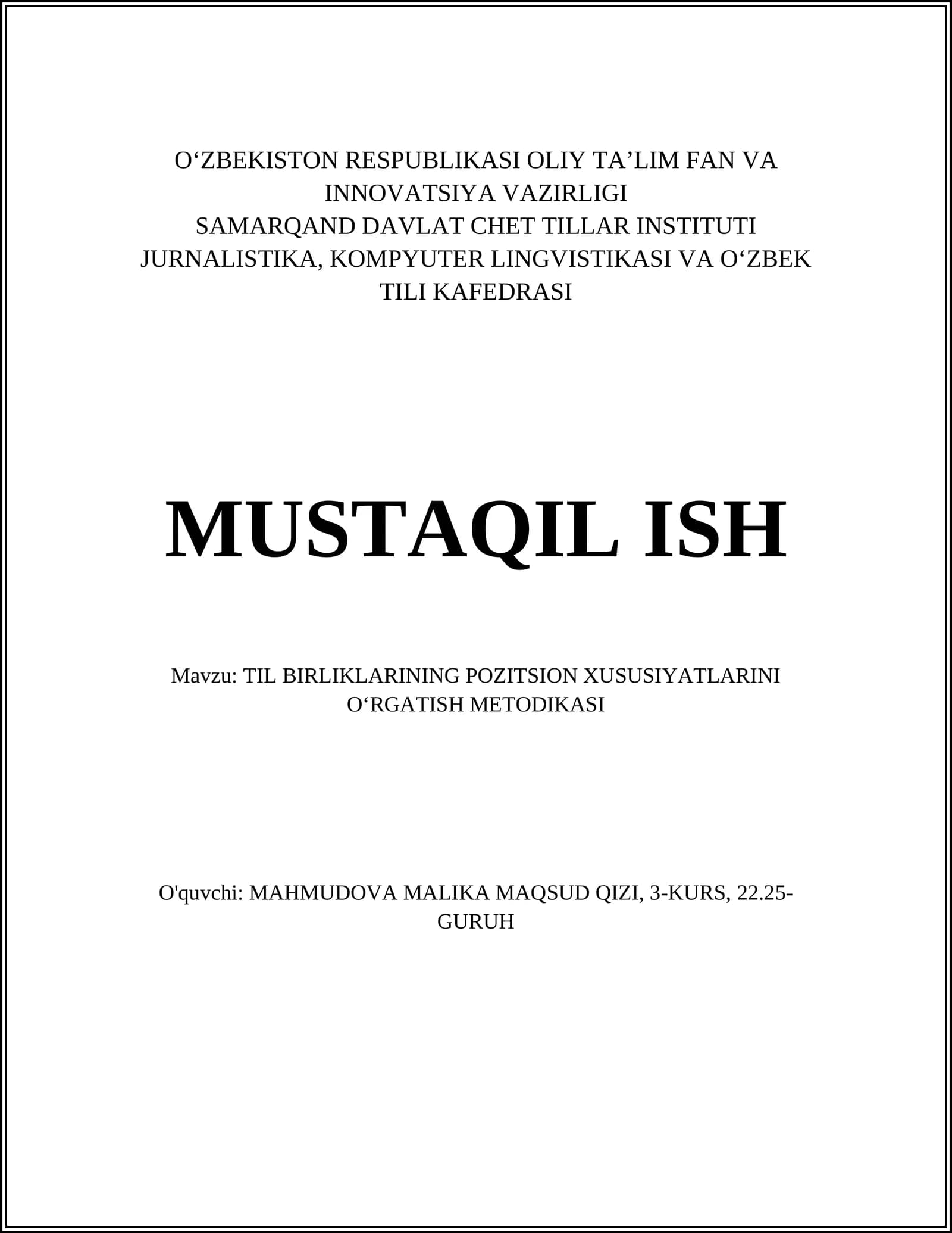 TIL BIRLIKLARINING POZITSION XUSUSIYATLARINI OʻRGATISH METODIKASI