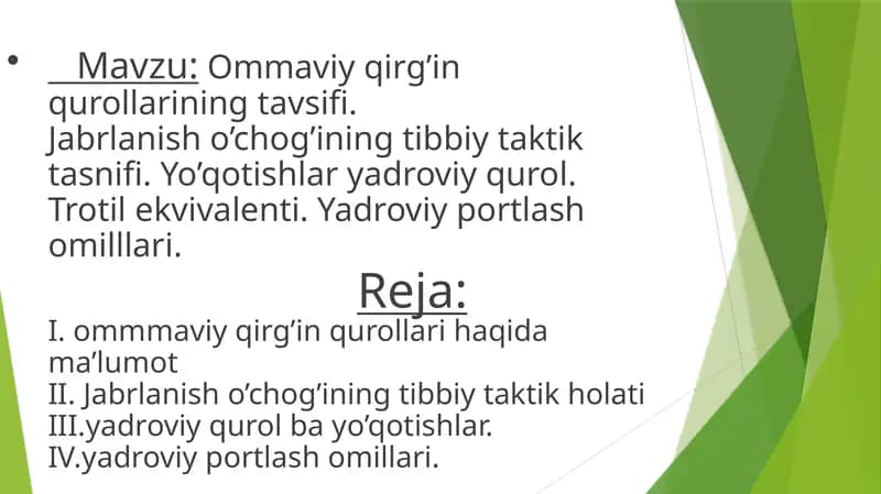 Jabrlanish o’chog’ining tibbiy taktik tasnifi. Yo’qotishlar yadroviy qurol. Trotil ekvivalenti. Yadroviy portlash omilllari.
