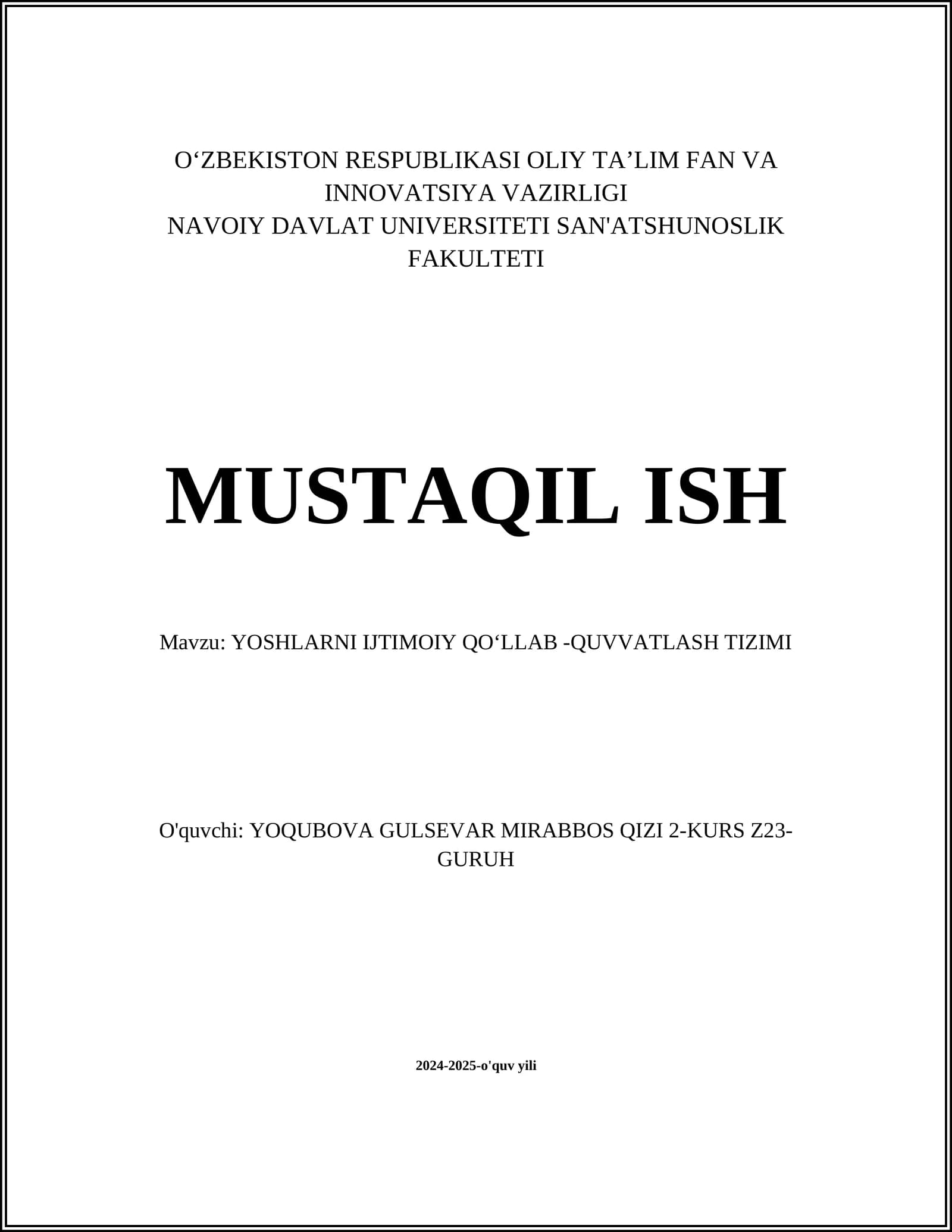 YOSHLARNI IJTIMOIY QOʻLLAB -QUVVATLASH TIZIMI