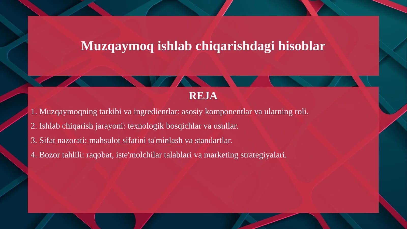 Muzqaymoq ishlab chiqarishdagi hisoblar