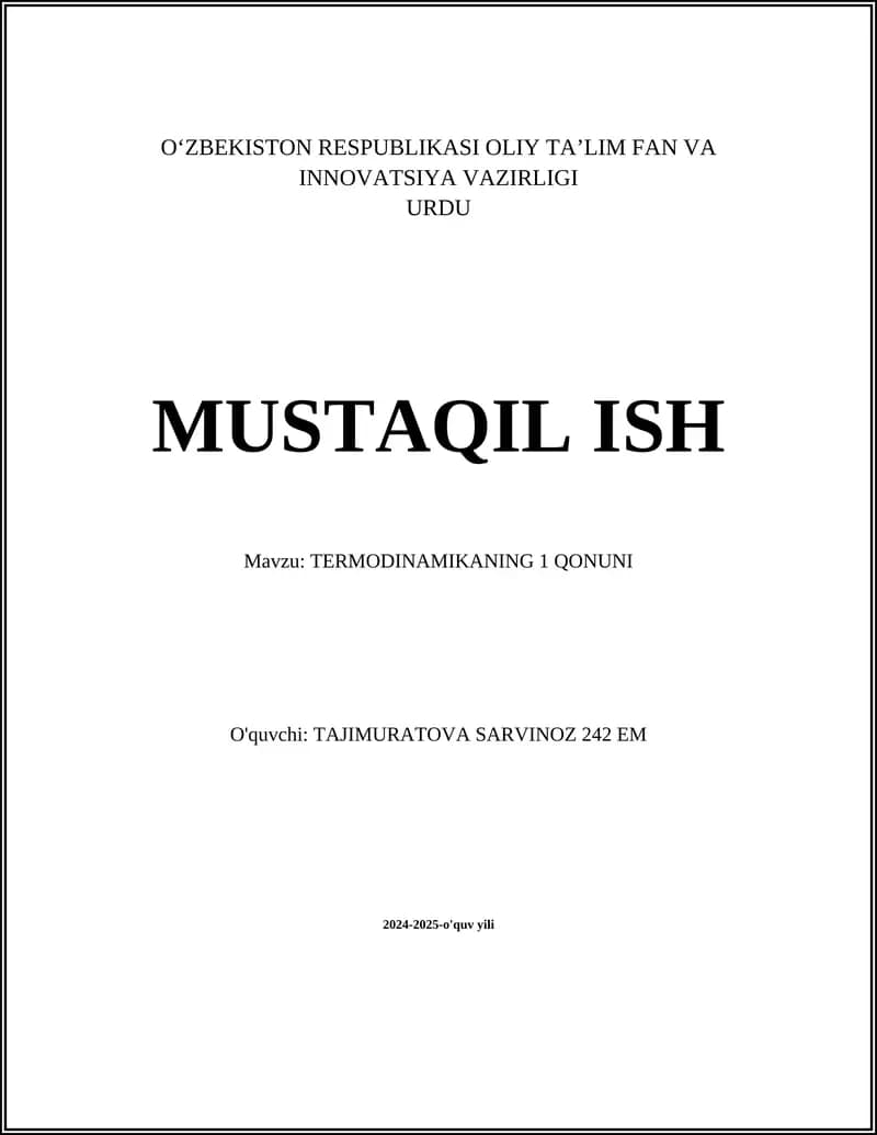 TERMODINAMIKANING 1 QONUNI