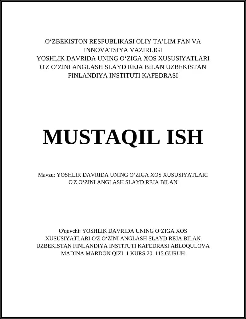 YOSHLIK DAVRIDA UNING O‘ZIGA XOS XUSUSIYATLARI O'Z O‘ZINI ANGLASH SLAYD REJA BILAN