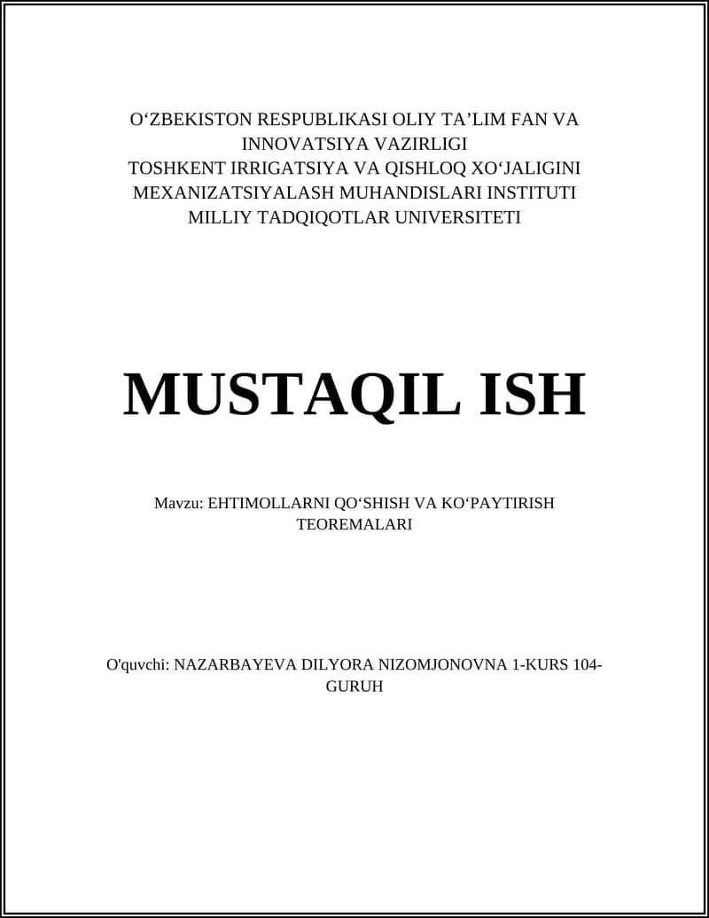 EHTIMOLLARNI QOʻSHISH VA KOʻPAYTIRISH TEOREMALARI