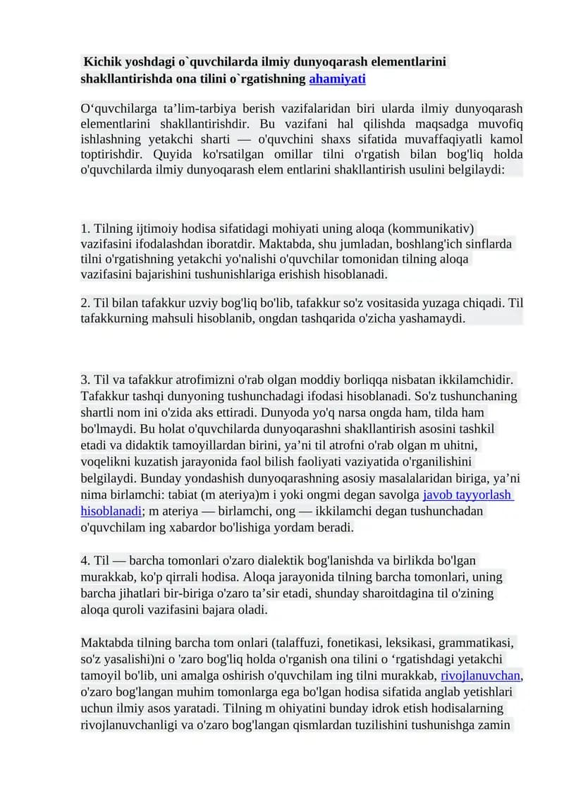 Ilmiy dunyoqarash elementlarini shakllantirish