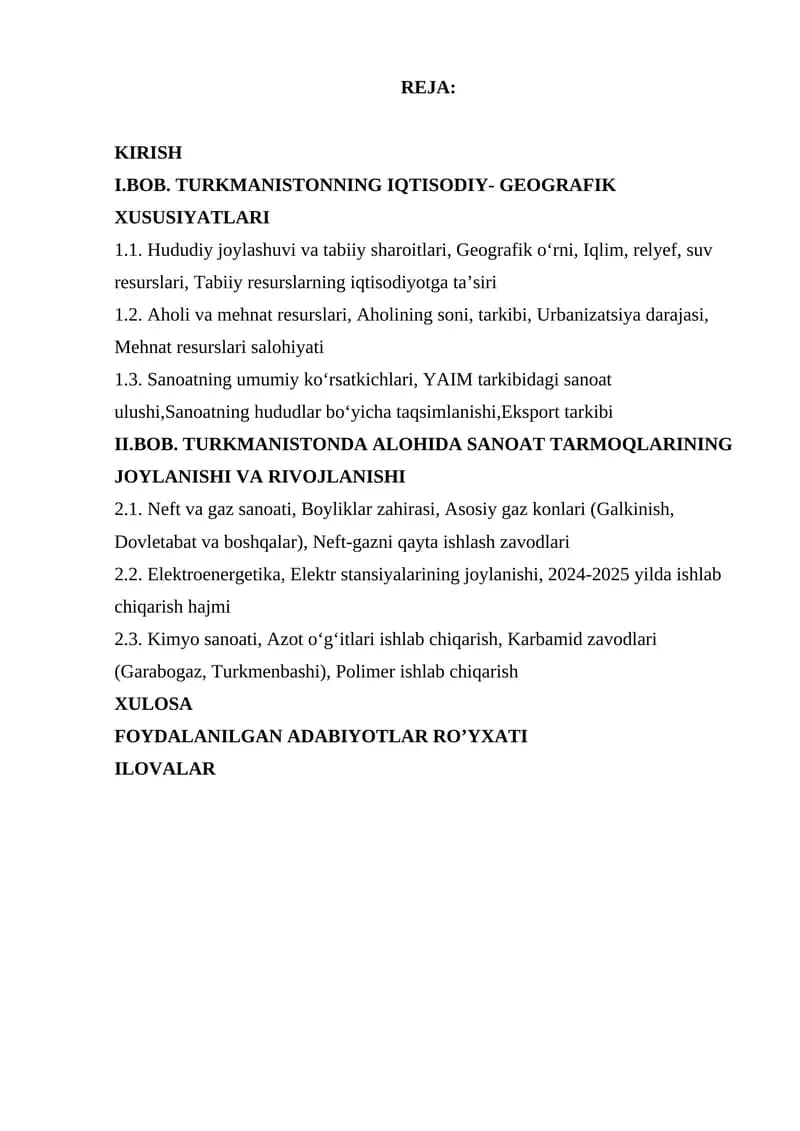 TURKMANISTONNING IQTISODIY- GEOGRAFIK XUSUSIYATLARI