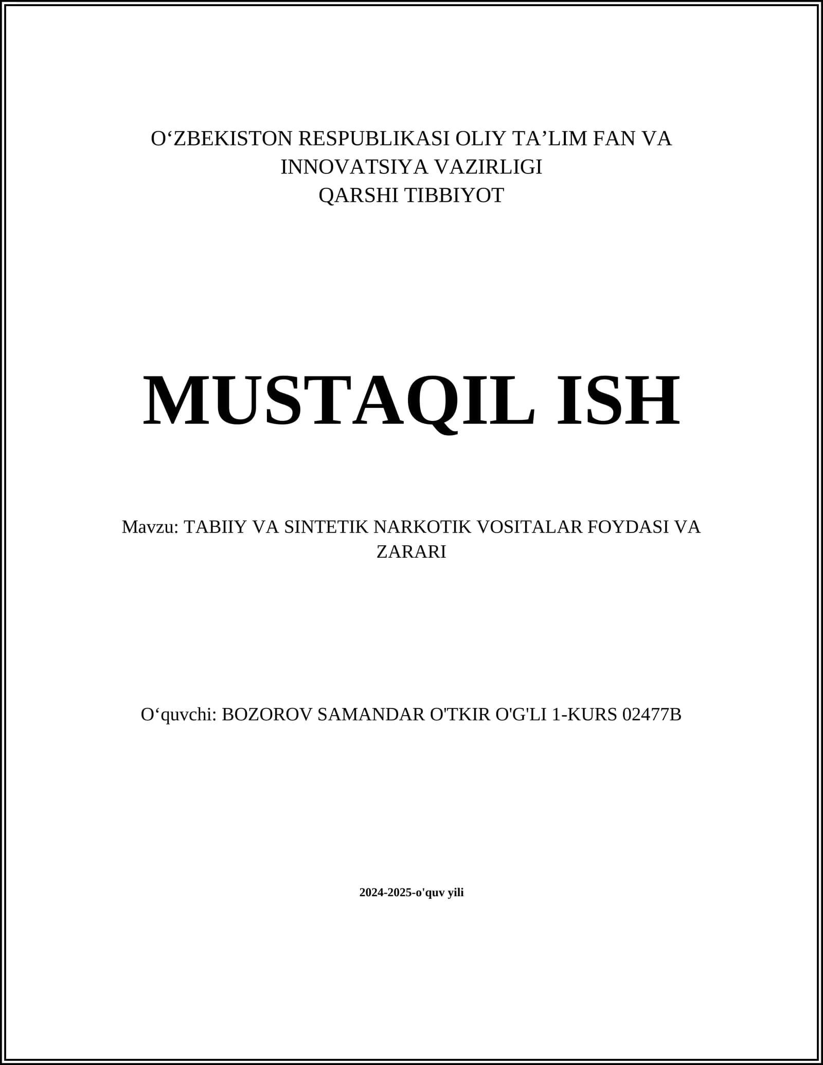 TABIIY VA SINTETIK NARKOTIK VOSITALAR FOYDASI VA ZARARI