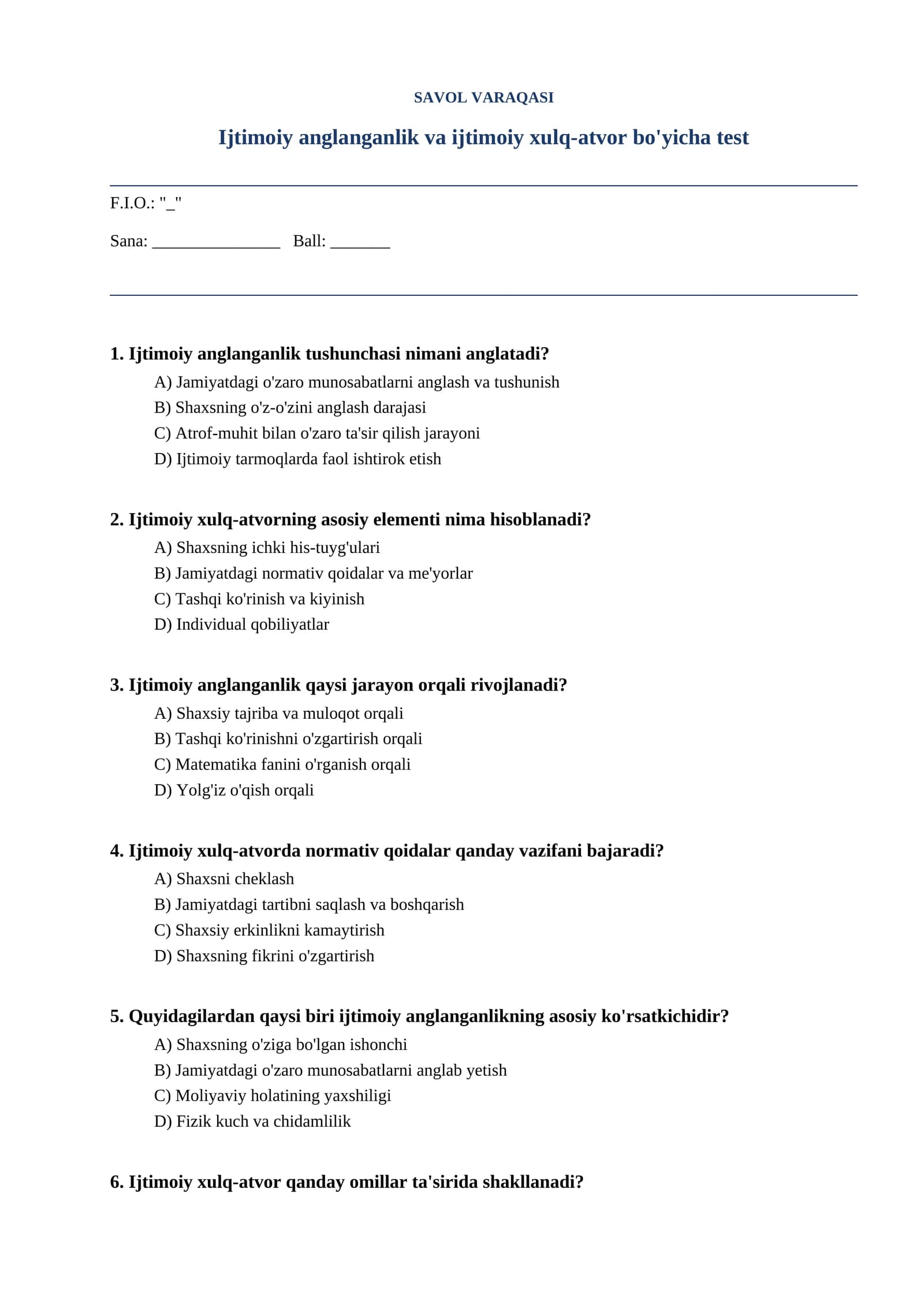 Ijtimoiy anglanganlik va ijtimoiy xulq-atvor bo'yicha test