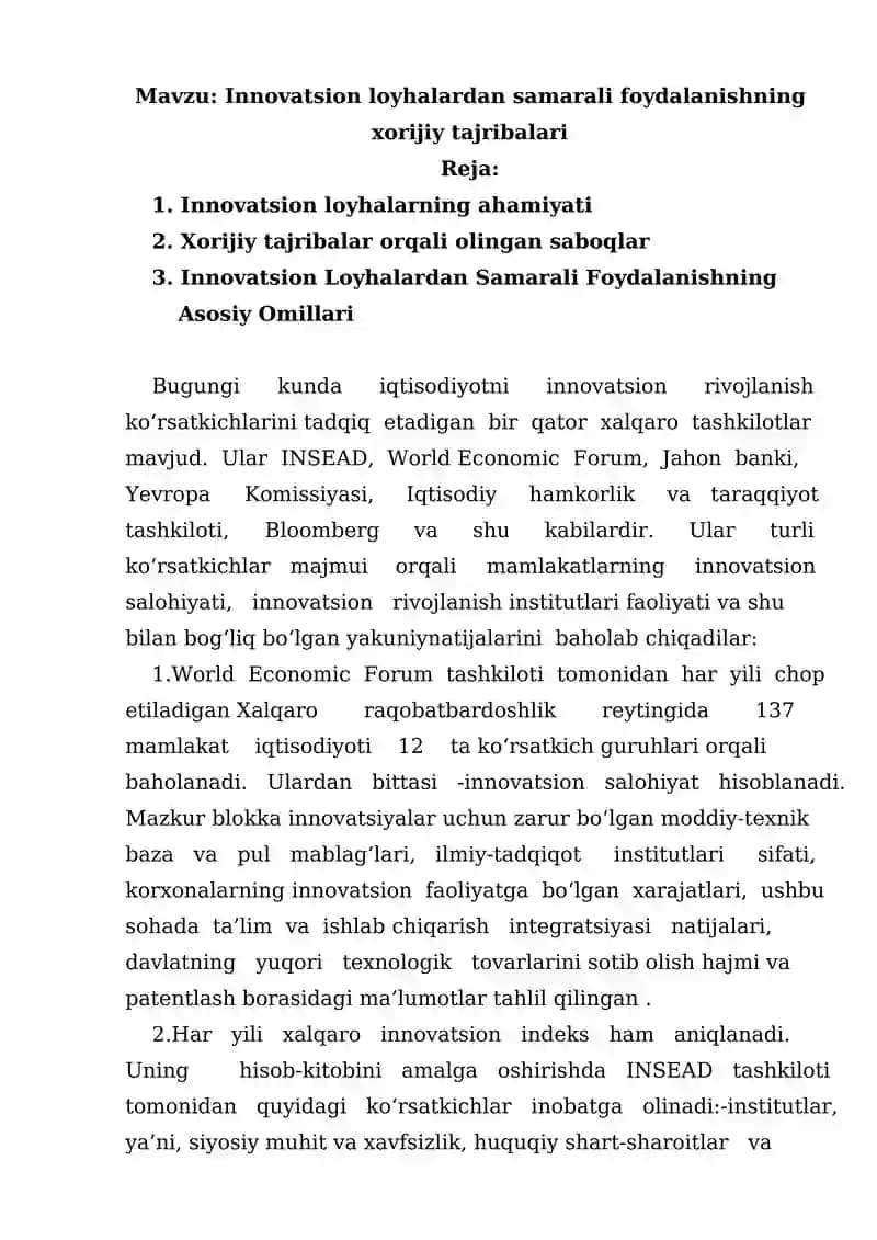 Innovatsion loyhalardan samarali foydalanishning xorijiy tajribalari