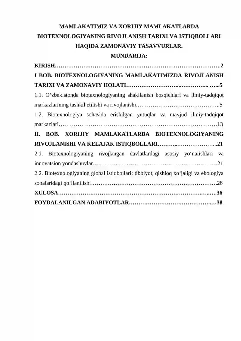 Biotexnologiyada rivojlanish tarixi va istiqbollari