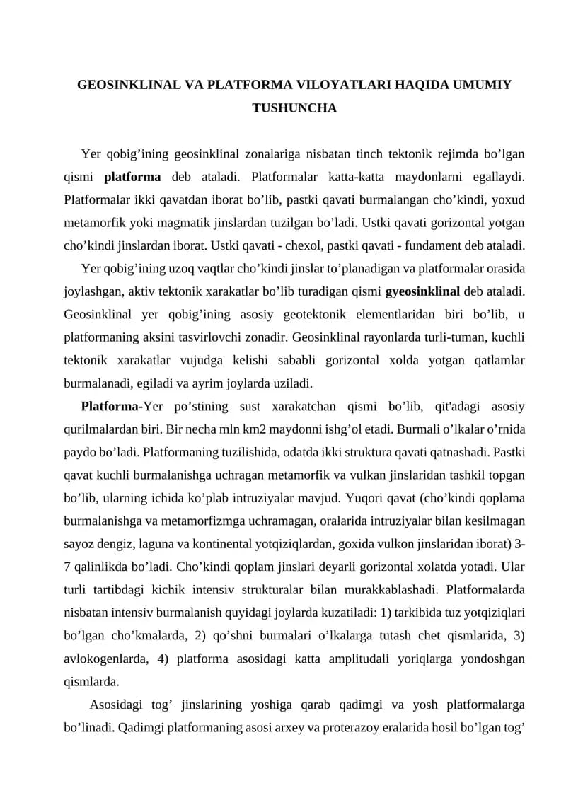 GEOSINKLINAL VA PLATFORMA VILOYATLARI HAQIDA UMUMIY TUSHUNCHA