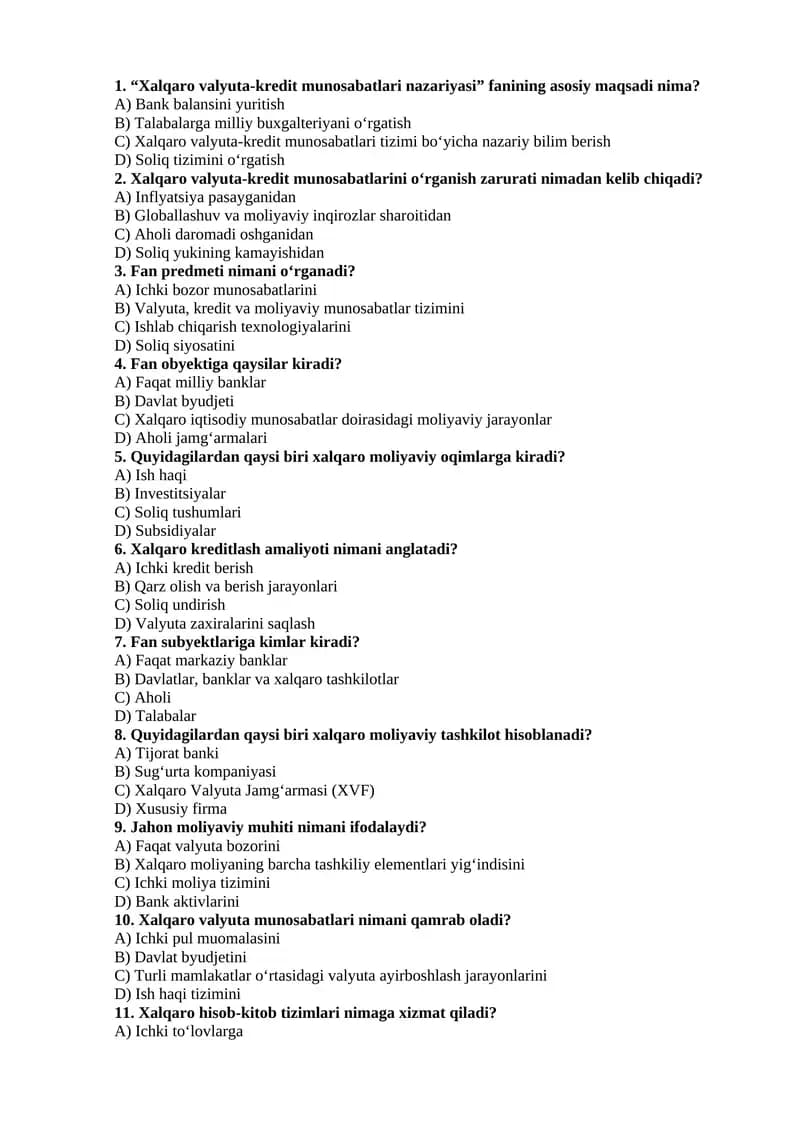 Xalqaro Valyuta-Kredit Munosabatlari Nazariyasi test
