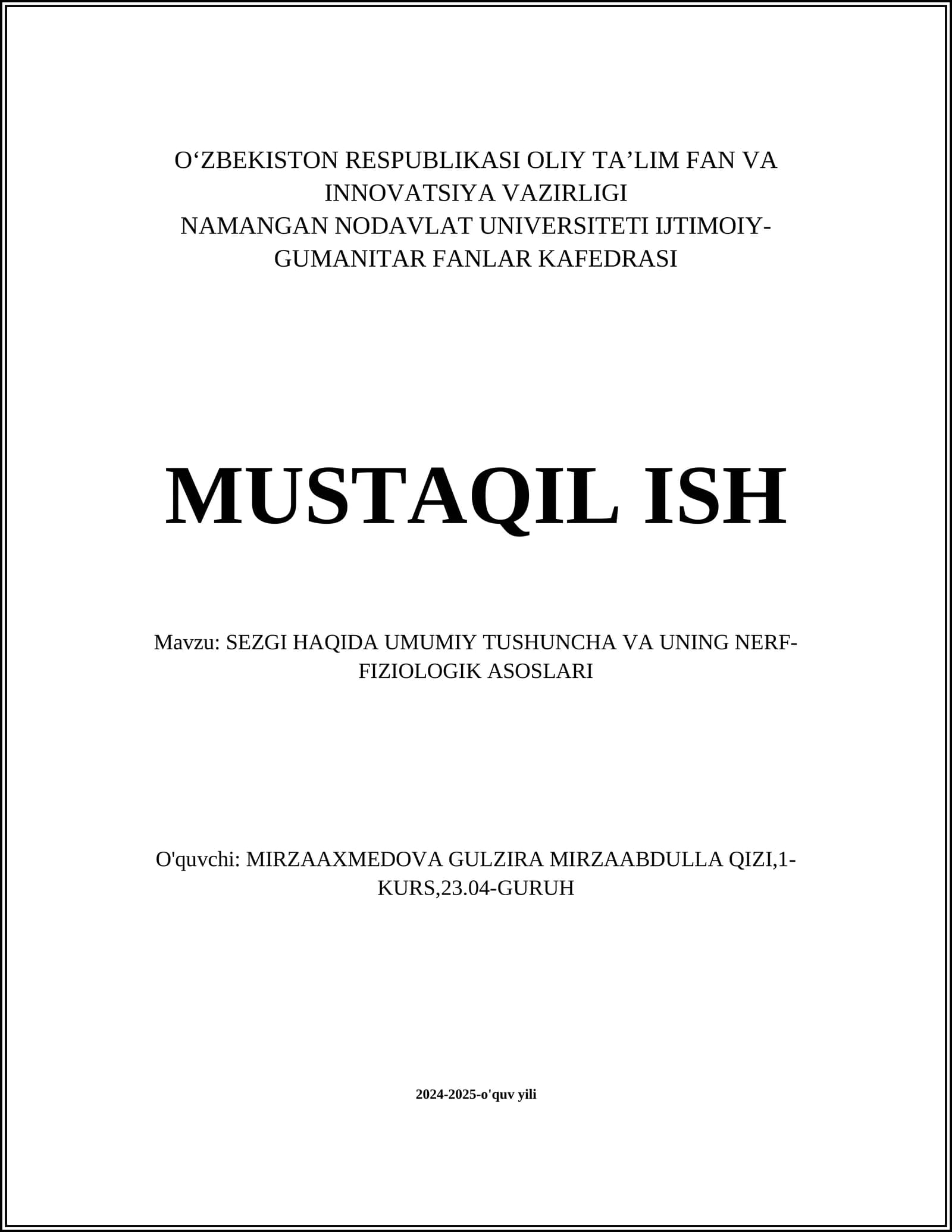 SEZGI HAQIDA UMUMIY TUSHUNCHA VA UNING NERF-FIZIOLOGIK ASOSLARI