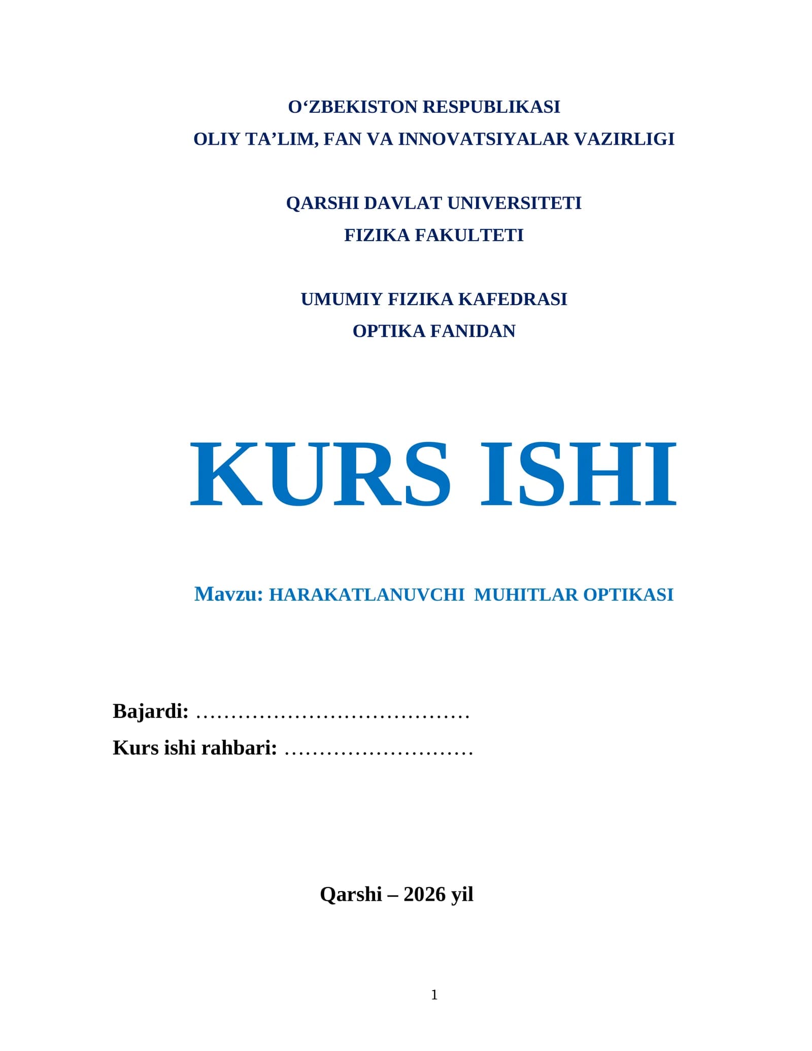 HARAKATLANUVCHI  MUHITLAR OPTIKASI mavzusida tayyor kurs ishi