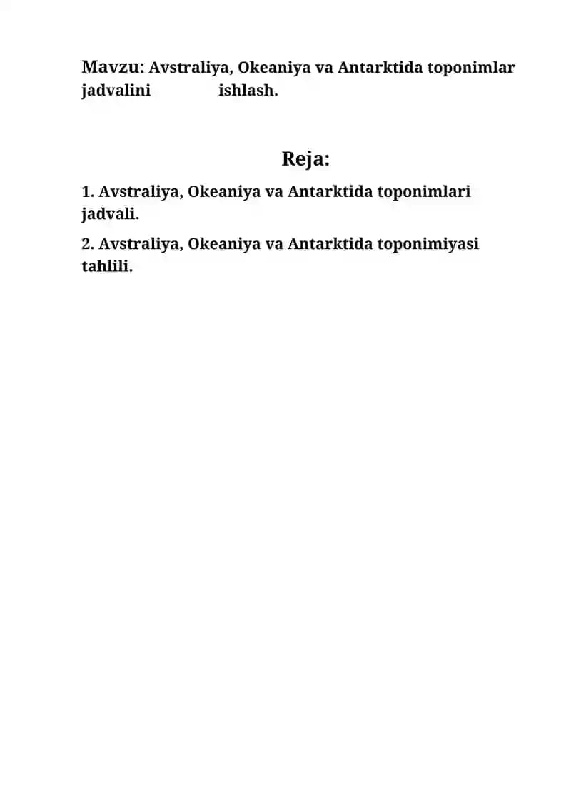 Avstraliya, Okeaniya va Antarktida toponimlar jadvalini ishlash.