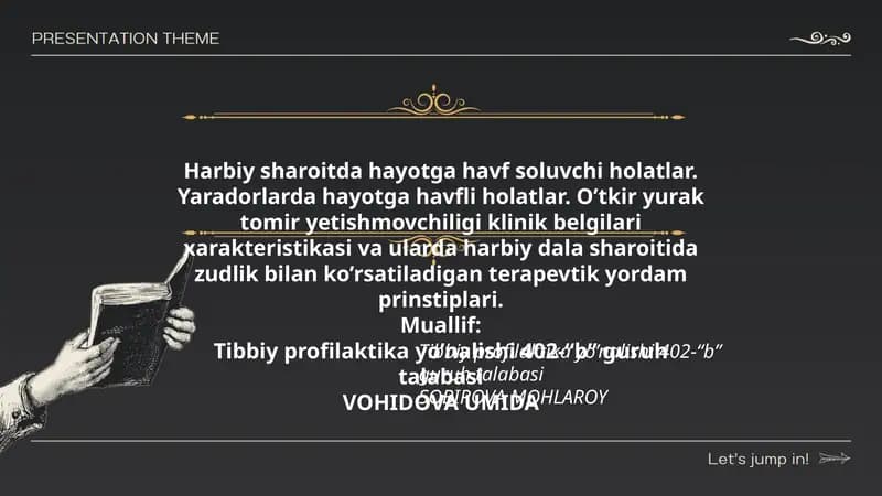 Harbiy sharoitda hayotga havf soluvchi holatlar. Yaradorlarda hayotga havfli holatlar. O’tkir yurak tomir yetishmovchiligi klinik belgilari xarakteristikasi va ularda harbiy dala sharoitida zudlik bilan ko’rsatiladigan terapevtik yordam prinstiplari