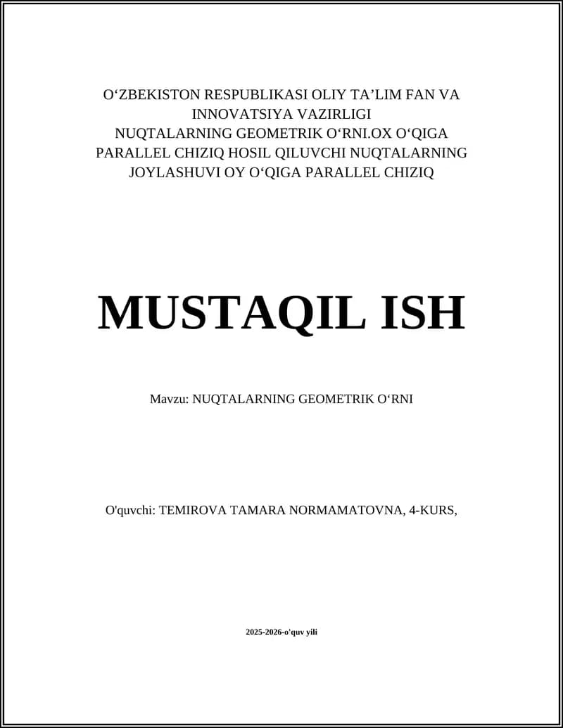 Nuqtalarning Geometrik O‘rni.Ox O‘qiga Parallel Chiziq Hosil Qiluvchi Nuqtalarning Joylashuvi Oy O‘qiga Parallel Chiziq