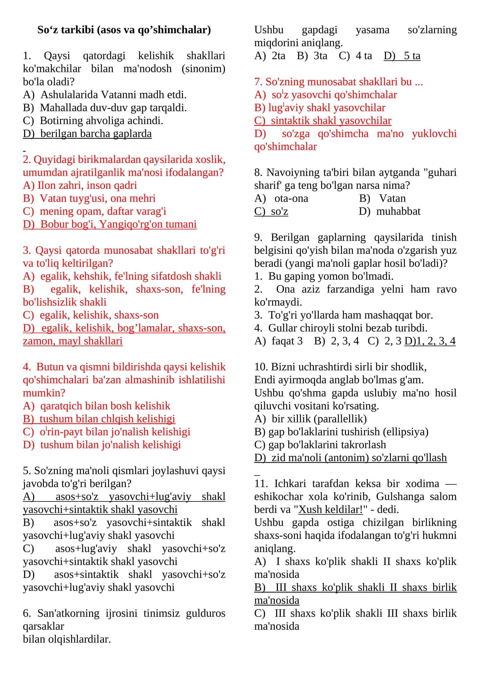 So‘z tarkibi (asos va qo’shimchalar) testlar