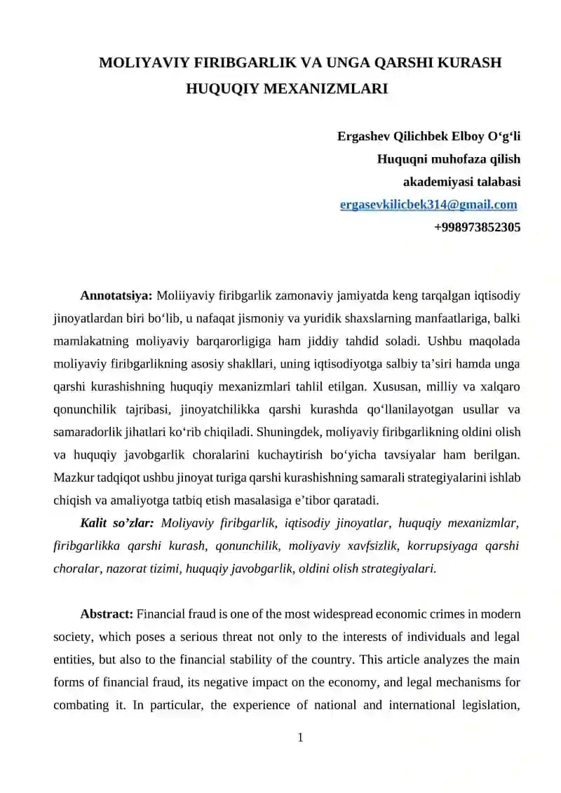 MOLIYAVIY FIRIBGARLIK VA UNGA QARSHI KURASH HUQUQIY MEXANIZMLARI