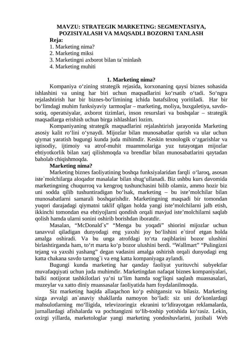 STRATEGIK MARKETING: SEGMENTASIYA, POZISIYALASH VA MAQSADLI BOZORNI TANLASH