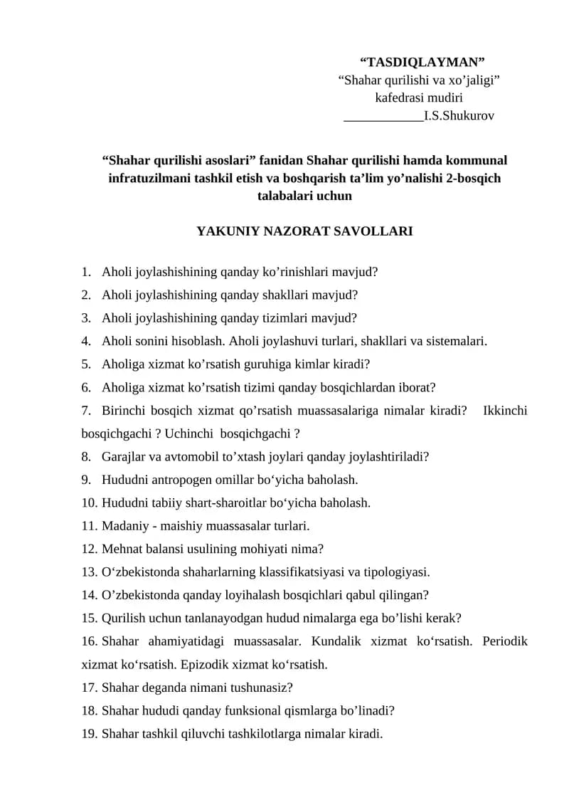 Shahar qurilishi va xo’jaligi kafedrasi mudiri