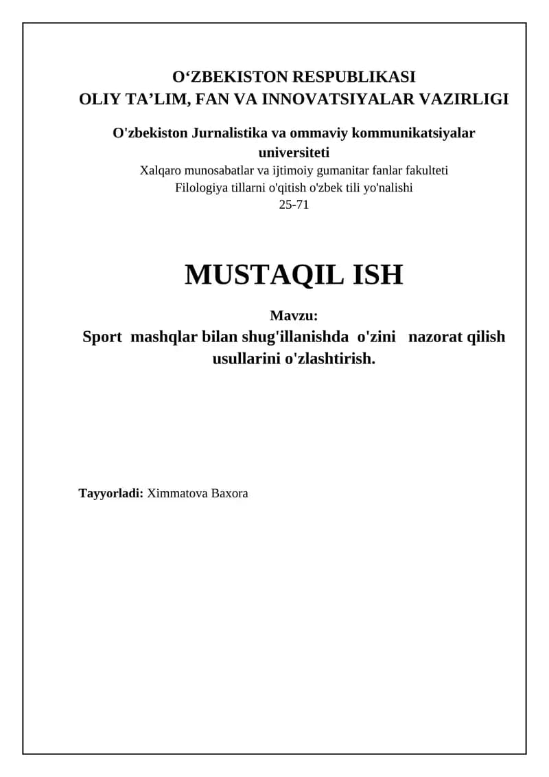 Sport mashqlarida o'z-o'zini nazorat qilish texnikalari