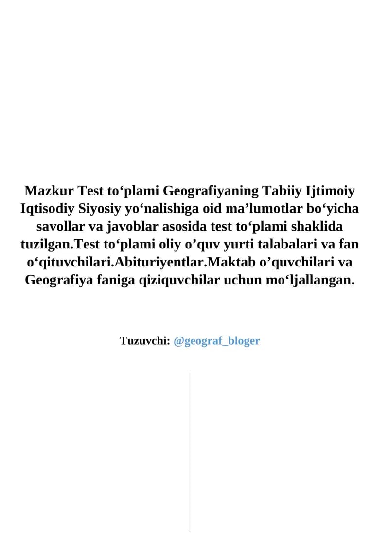 Test toʻplami Geografiyaning Tabiiy Ijtimoiy Iqtisodiy Siyosiy yoʻnalishiga oid