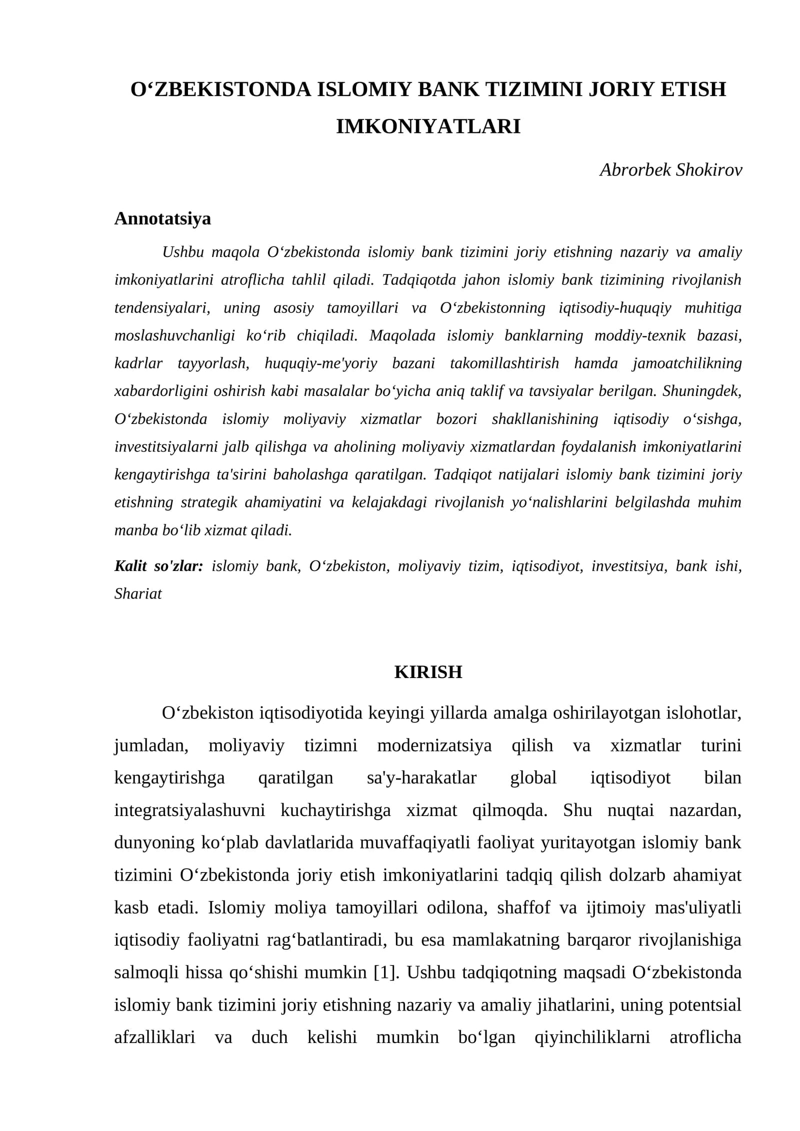 O‘ZBEKISTONDA ISLOMIY BANK TIZIMINI JORIY ETISH IMKONIYATLARI
