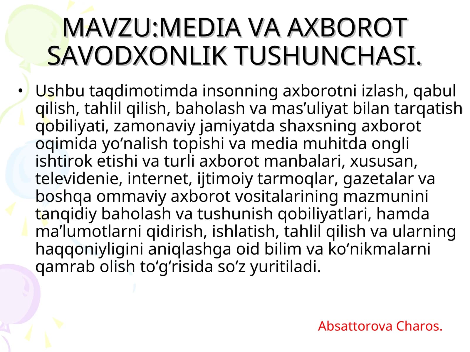 MEDIA VA AXBOROT SAVODXONLIK TUSHUNCHASI