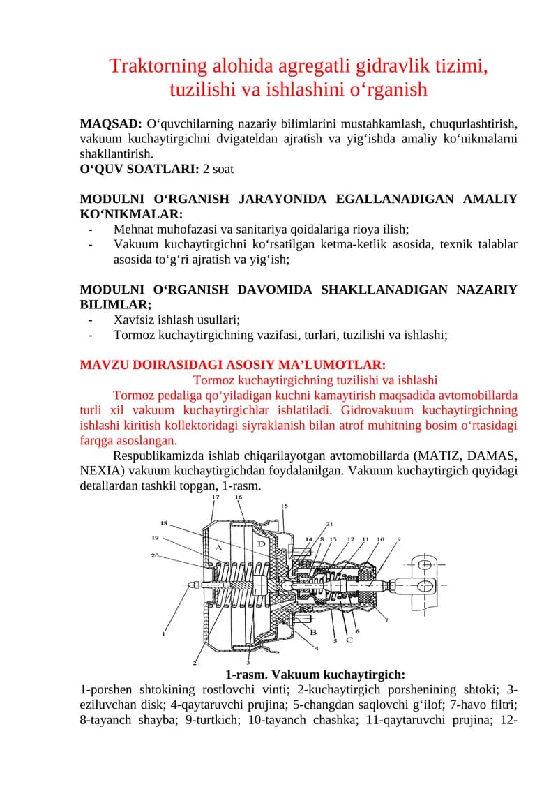 Traktorning alohida agregatli gidravlik tizimi, tuzilishi va ishlashini o‘rganish