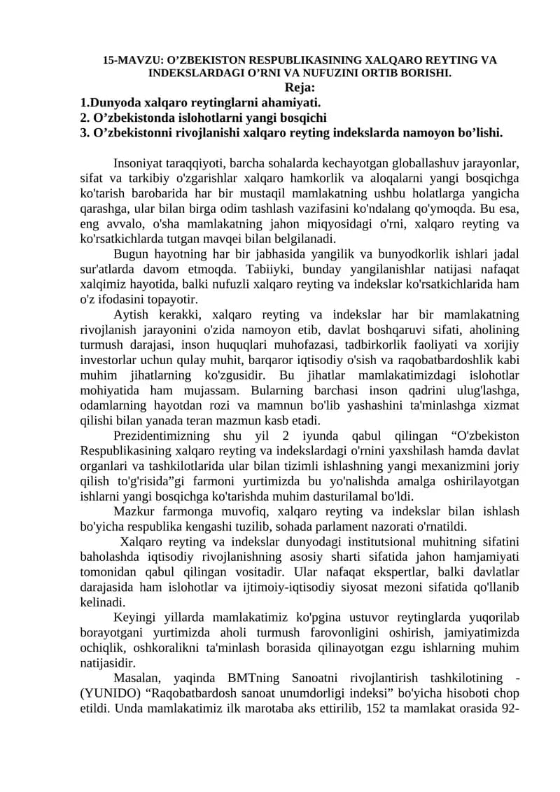 O’zbekiston Respublikasining Xalqaro Reyting va Indeksldagi O’rni va Nufuzini Ortib Borishi