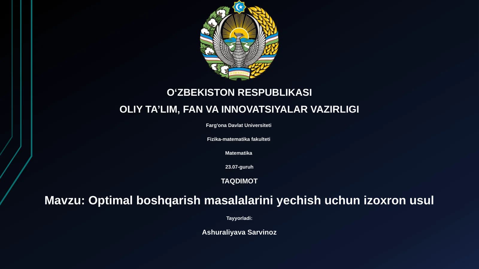 Optimal boshqarish masalalarini yechish uchun izoxron usuli